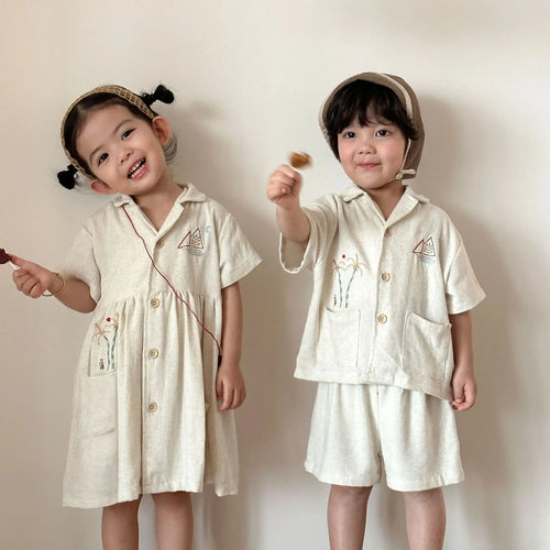2026 Summer New Children Short Sleeve Clothes Set Boys Linen Shirts + Shorts 2pcs Suit Girls Dress Brother Sister Outfits