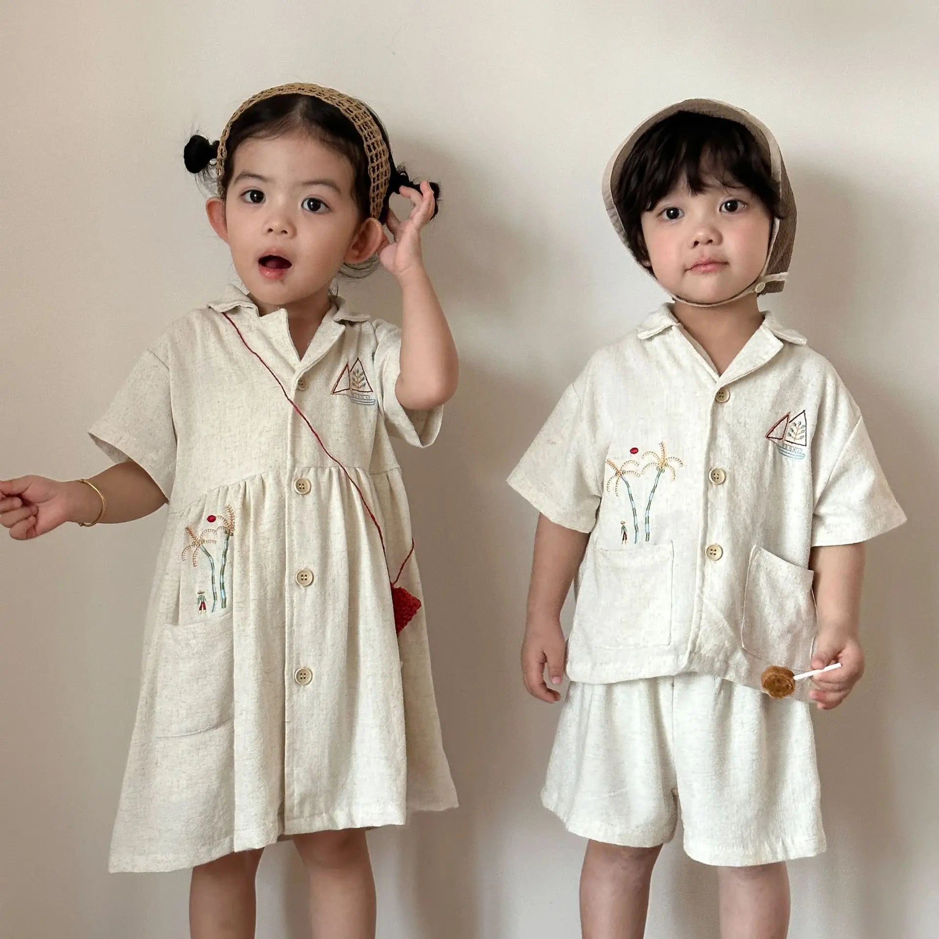 2026 Summer New Children Short Sleeve Clothes Set Boys Linen Shirts + Shorts 2pcs Suit Girls Dress Brother Sister Outfits