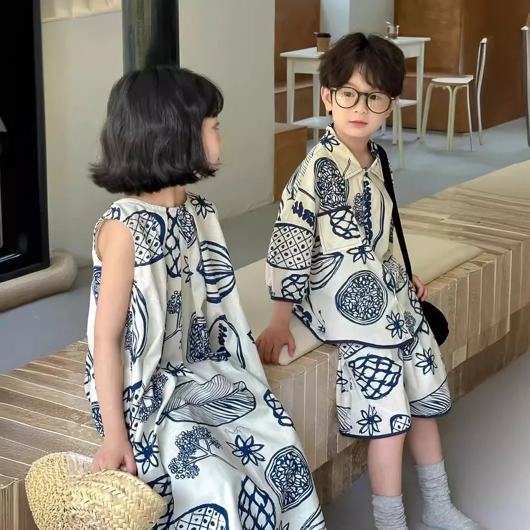 2026 Summer Sibling Look Clothes Set Cotton Tur Down Collar T-shirt+shorts Kid Boy Suit Loose Irregular Pattern Print Slip Dress