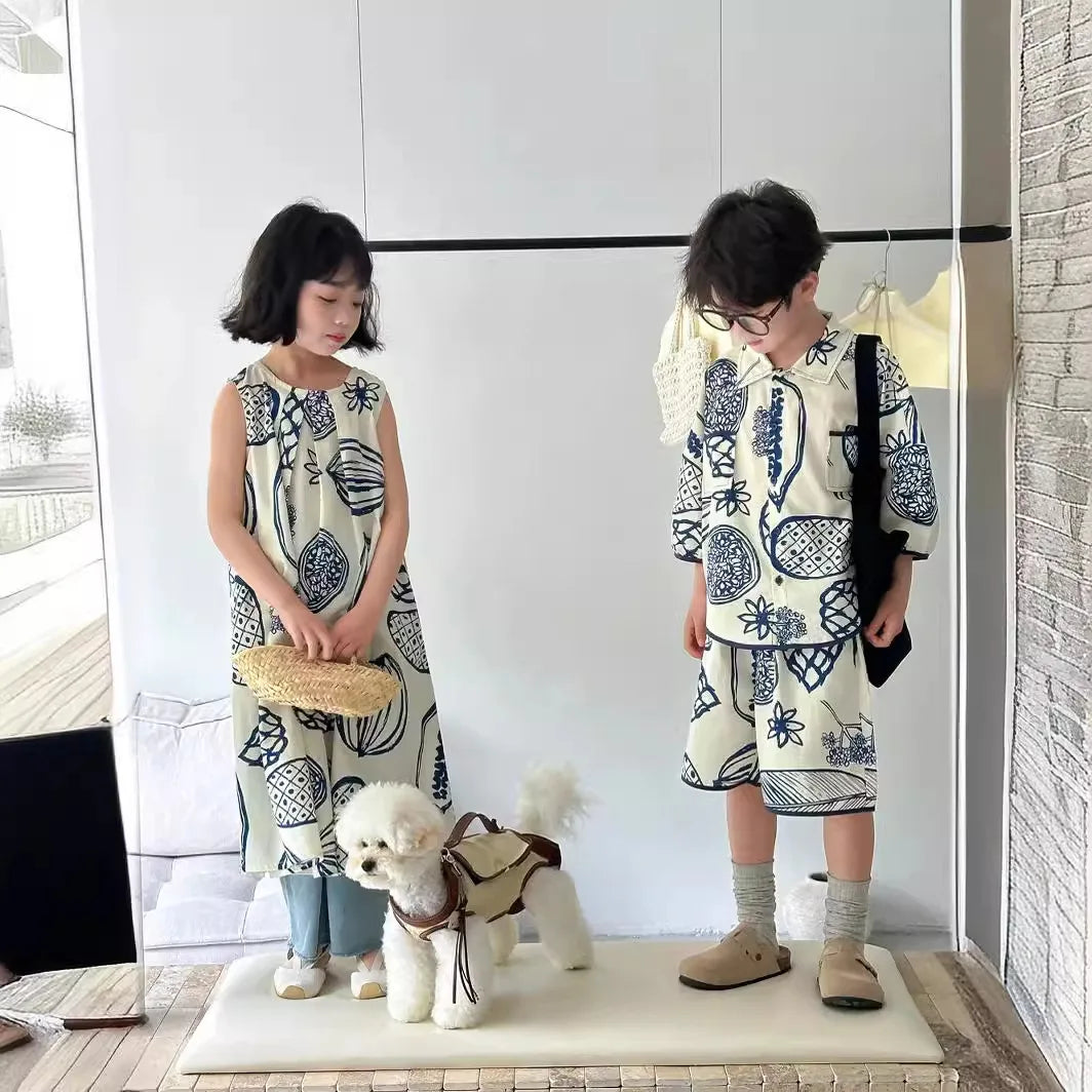 2026 Summer Sibling Look Clothes Set Cotton Tur Down Collar T-shirt+shorts Kid Boy Suit Loose Irregular Pattern Print Slip Dress