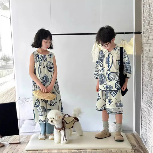 2026 Summer Sibling Look Clothes Set Cotton Tur Down Collar T-shirt+shorts Kid Boy Suit Loose Irregular Pattern Print Slip Dress