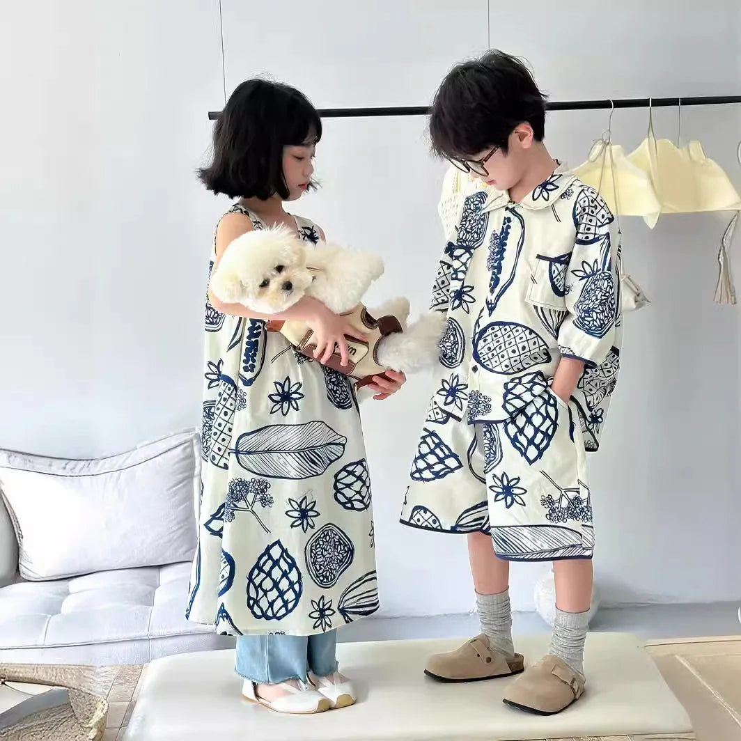2026 Summer Sibling Look Clothes Set Cotton Tur Down Collar T-shirt+shorts Kid Boy Suit Loose Irregular Pattern Print Slip Dress