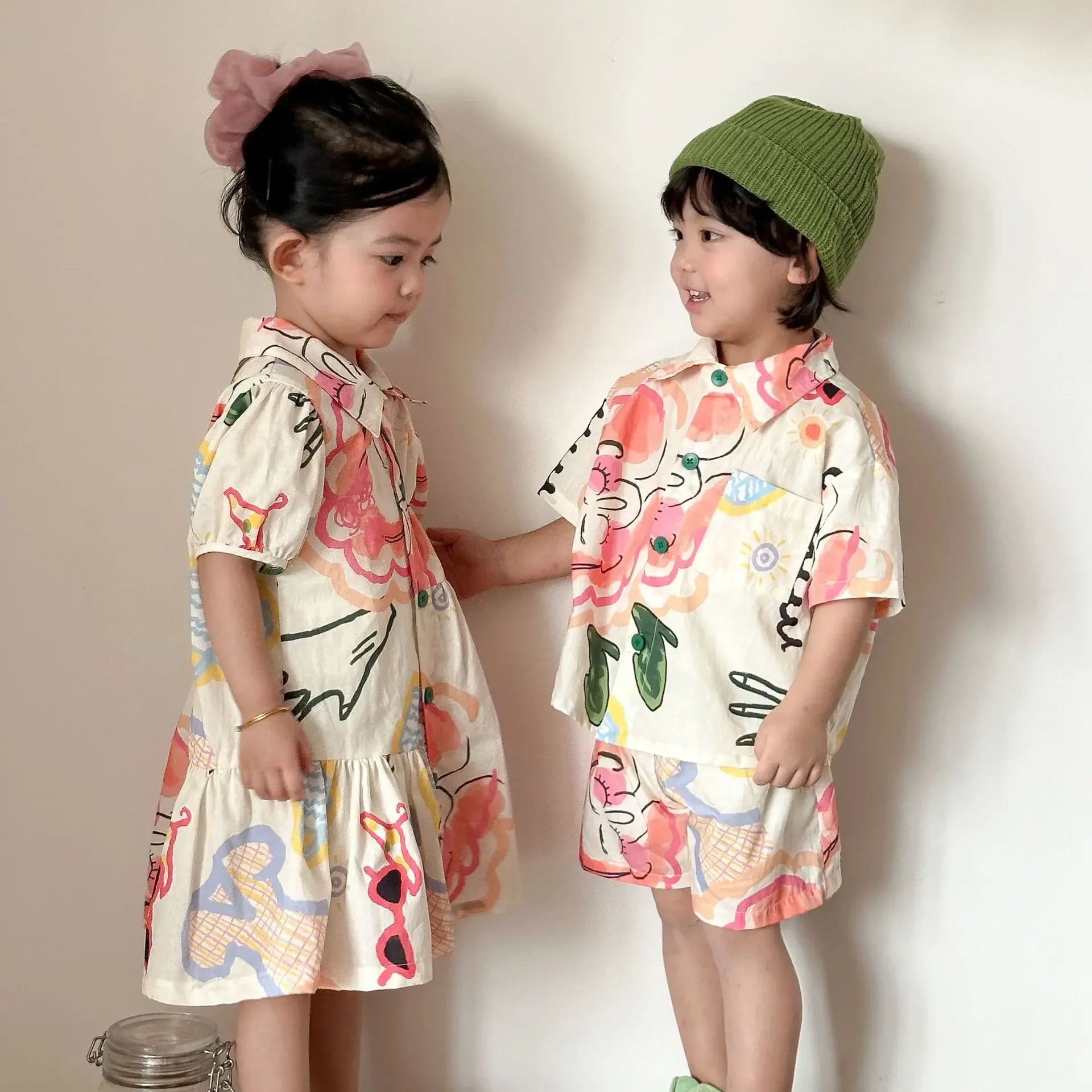 Brother And Sister Clothes 2026 Summer New Baby Boy's Shirt Suit Beach Holiday Clothes Or Girl peter pan collar Dress
