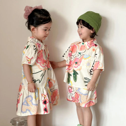 Brother And Sister Clothes 2026 Summer New Baby Boy's Shirt Suit Beach Holiday Clothes Or Girl peter pan collar Dress