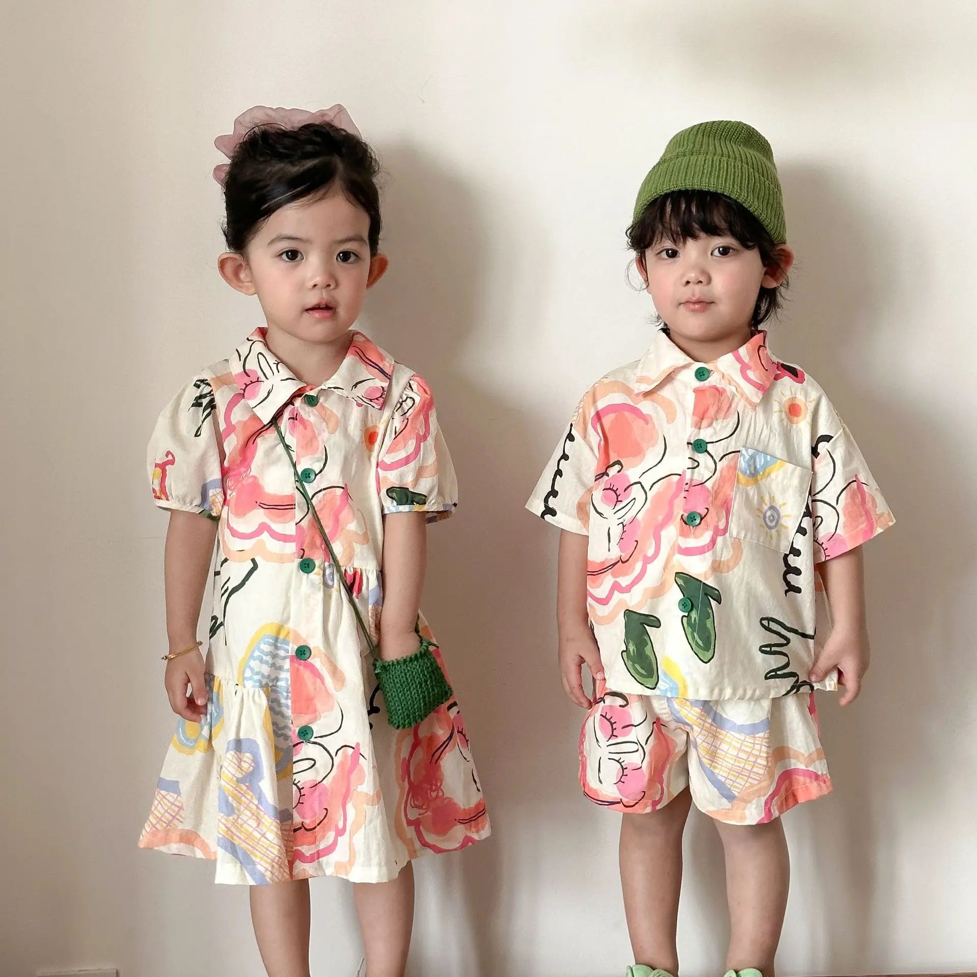 Brother And Sister Clothes 2026 Summer New Baby Boy's Shirt Suit Beach Holiday Clothes Or Girl peter pan collar Dress